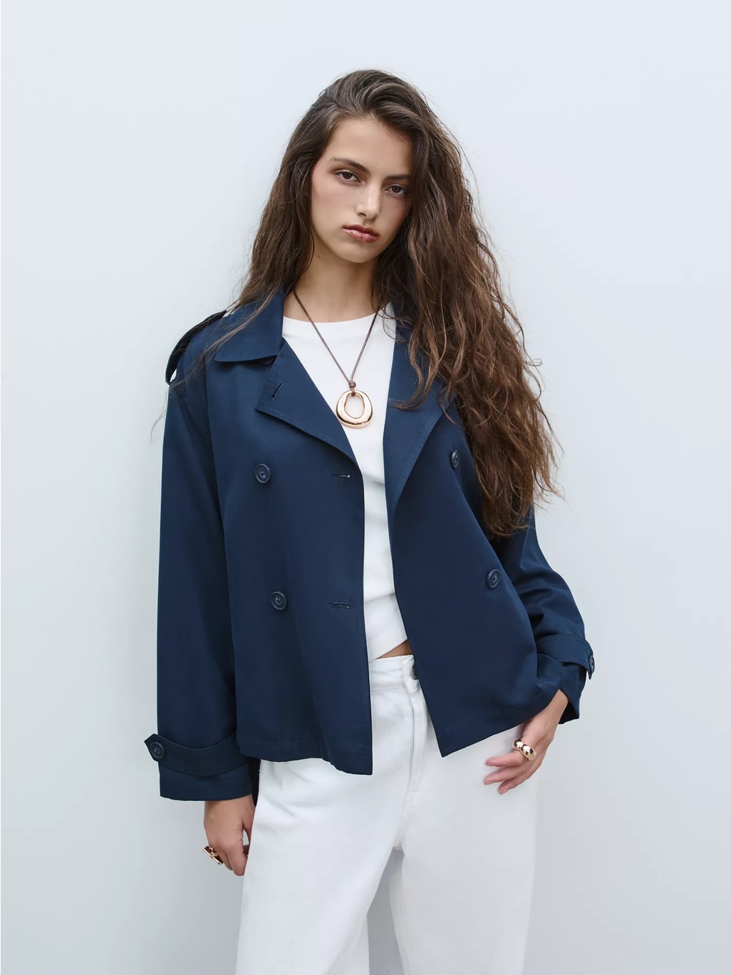 Stradivarius Double-Breasted Cropped Trench Coat In Navy Blue